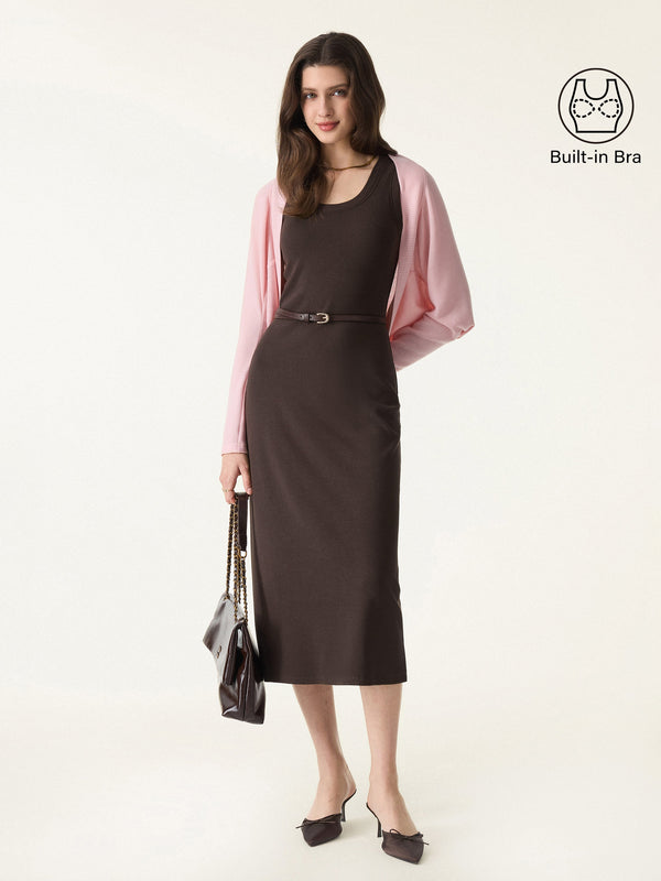 Cotton Viscose U-Neck Midi Brami Dress Cedar Brown XS